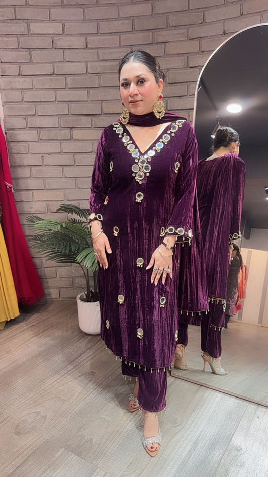 Ghungroo Wine Mirror work velvet Suit