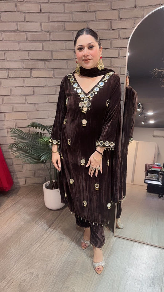 Ghungroo Brown Mirror work velvet Suit