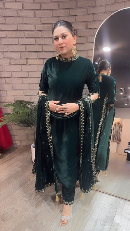 Qayamat Bottle Green Velvet Suit