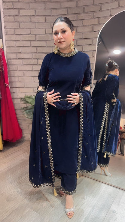 Qayamat Navy Blue velvet Suit