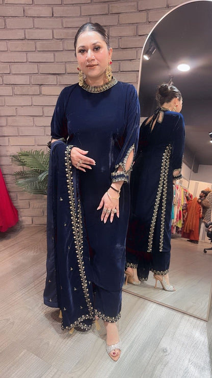 Qayamat Navy Blue velvet Suit