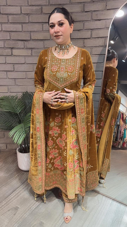Inoor Musturd Golden Emboss Velvet Anarkali