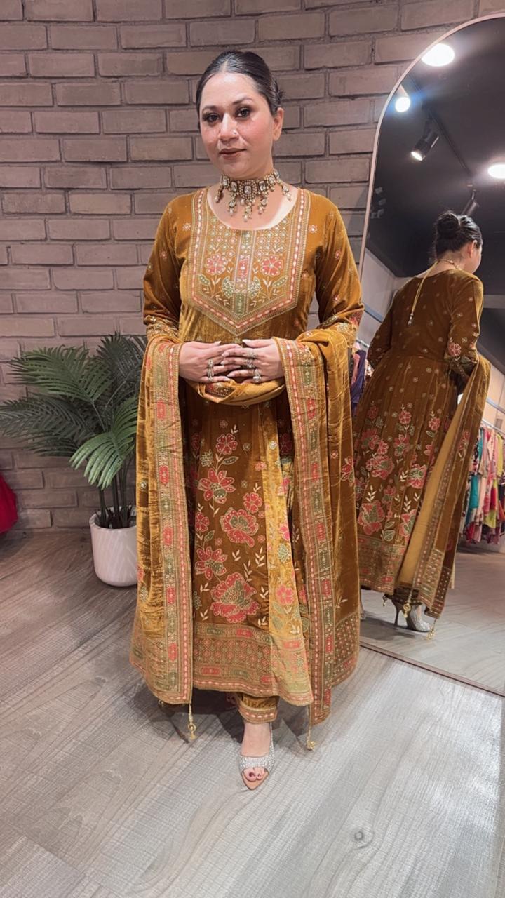 Inoor Musturd Golden Emboss Velvet Anarkali