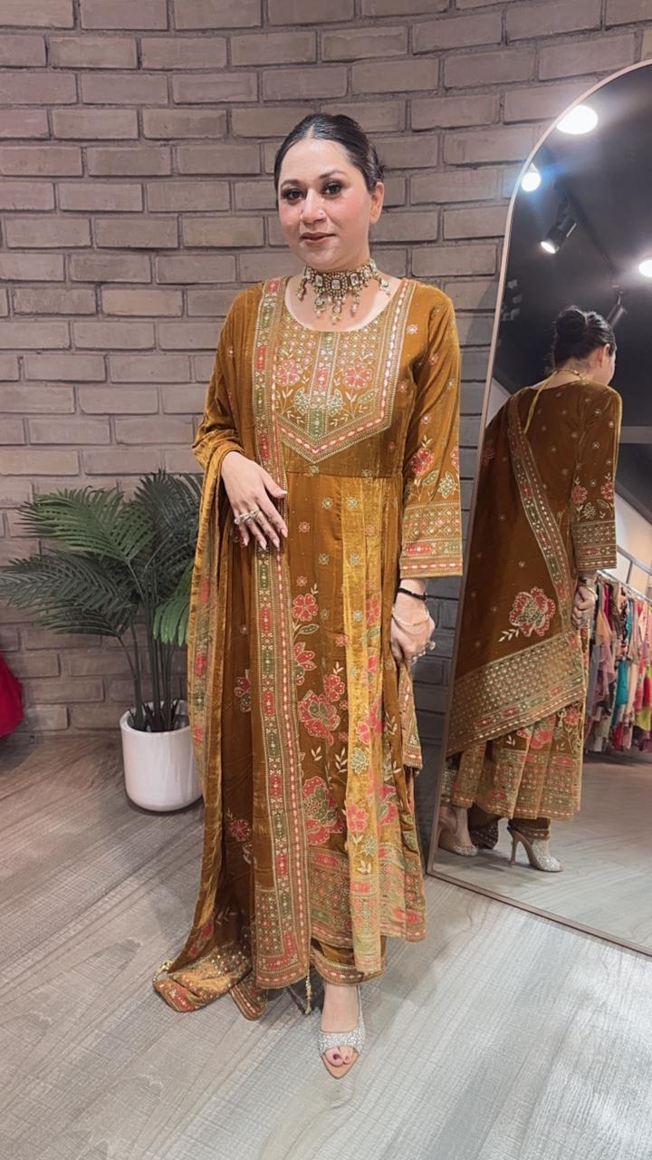 Inoor Musturd Golden Emboss Velvet Anarkali