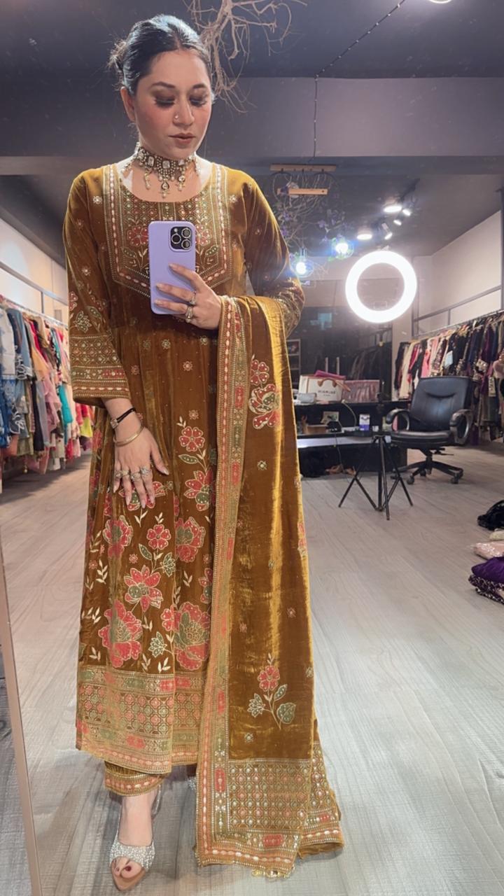 Inoor Musturd Golden Emboss Velvet Anarkali