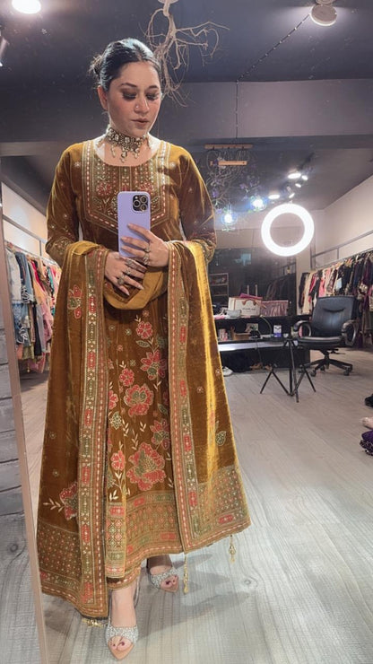 Inoor Musturd Golden Emboss Velvet Anarkali