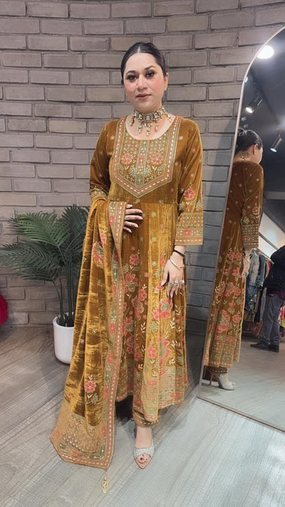 Inoor Musturd Golden Emboss Velvet Anarkali