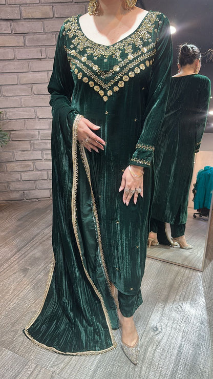 Murmure Bottel Green Designer velvet suit