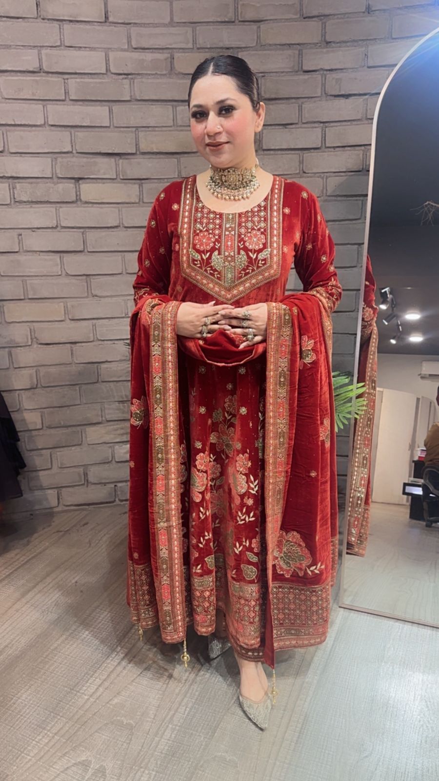 Inoor Rust Golden Emboss Velvet Anarkali