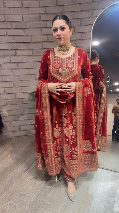 Inoor Rust Golden Emboss Velvet Anarkali