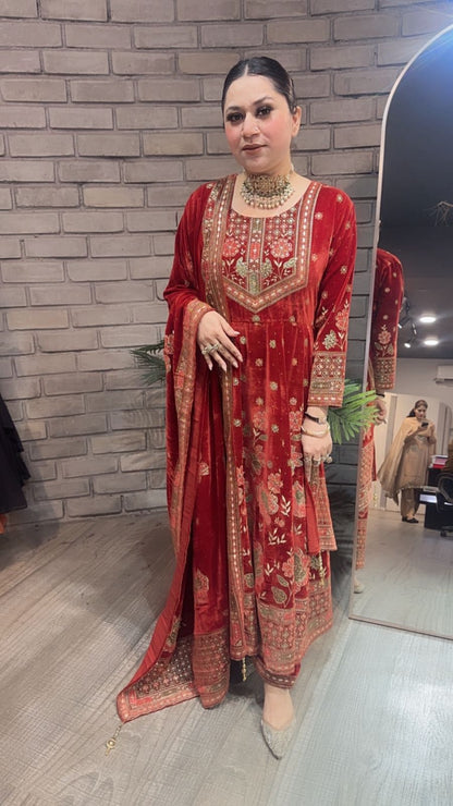 Inoor Rust Golden Emboss Velvet Anarkali
