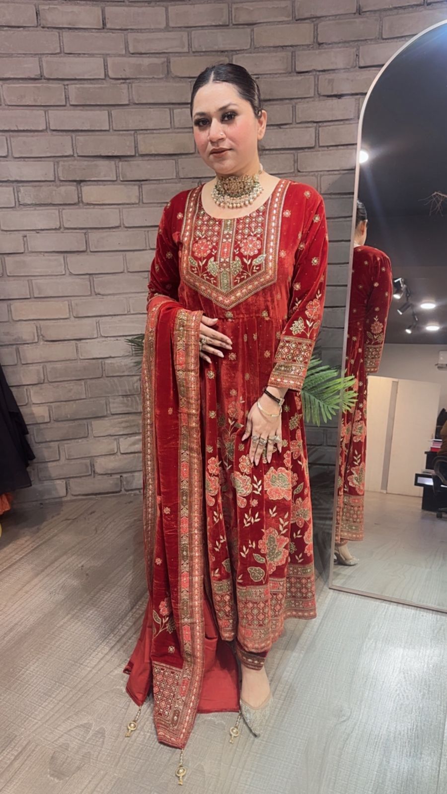 Inoor Rust Golden Emboss Velvet Anarkali