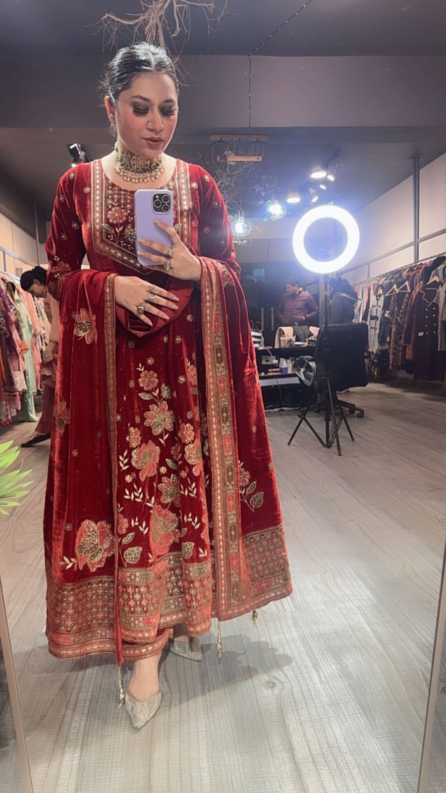 Inoor Rust Golden Emboss Velvet Anarkali