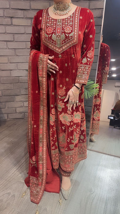 Inoor Rust Golden Emboss Velvet Anarkali