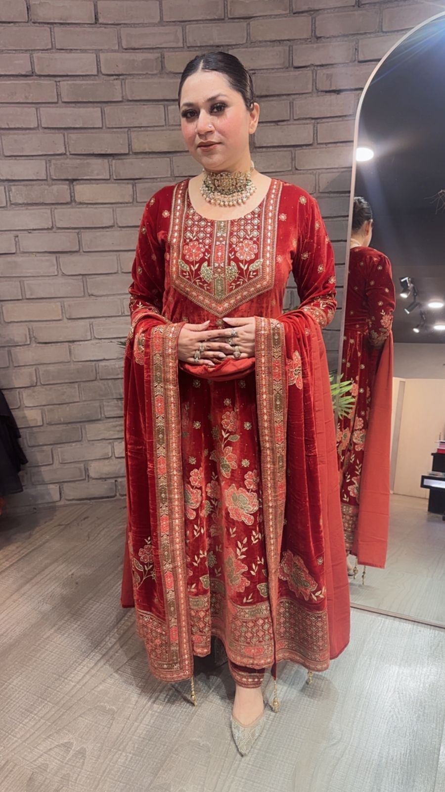 Inoor Rust Golden Emboss Velvet Anarkali