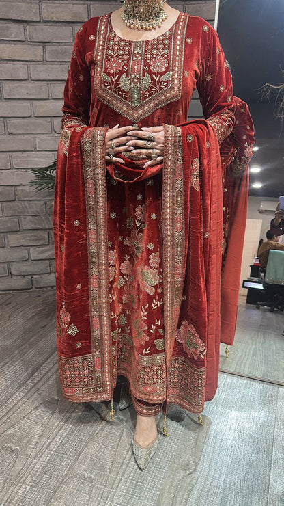Inoor Rust Golden Emboss Velvet Anarkali