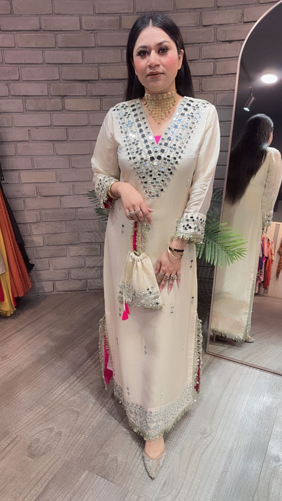 Kareena kapoor Ivory Mirror Dress with Potli