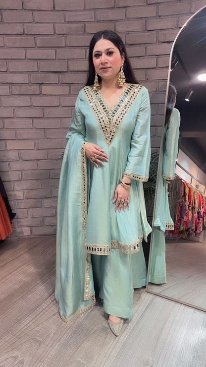 Kurban Aqua mirror work Designer Suit