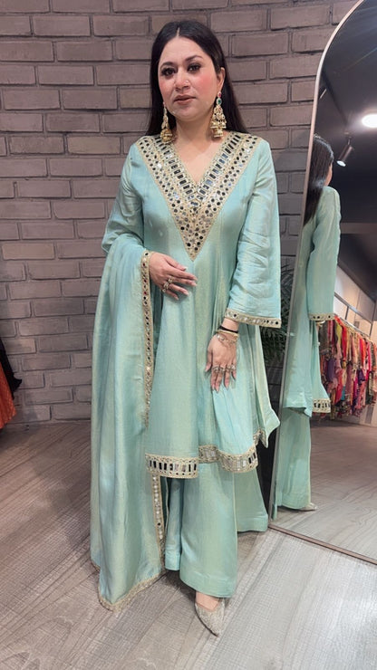 Kurban Aqua mirror work Designer Suit