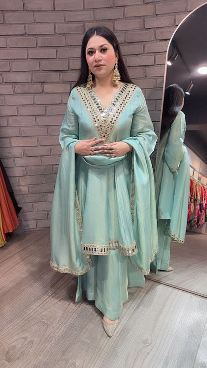 Kurban Aqua mirror work Designer Suit