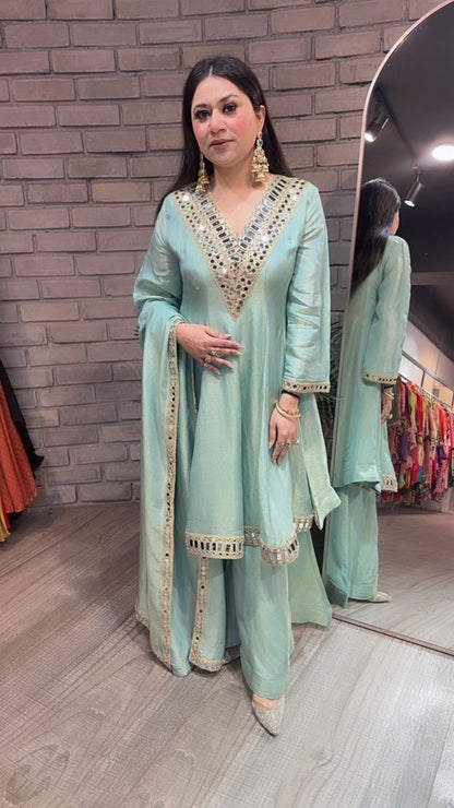 Kurban Aqua mirror work Designer Suit