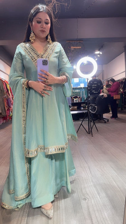 Kurban Aqua mirror work Designer Suit