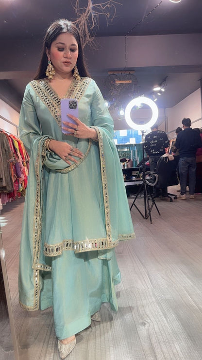 Kurban Aqua mirror work Designer Suit