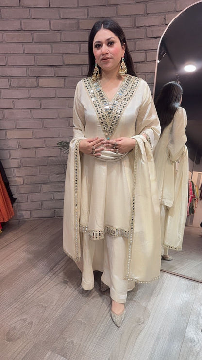 Kurban Ivory mirror work Designer Suit