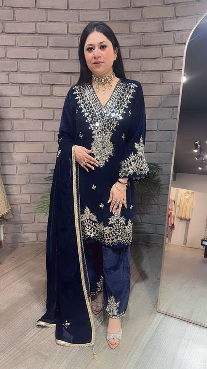 Lohri Special Navy Blue Mirror Designer velvet suit