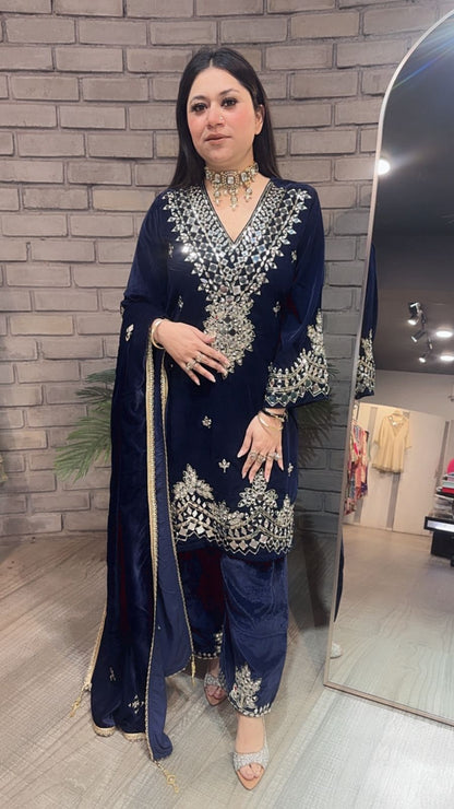 Lohri Special Navy Blue Mirror Designer velvet suit