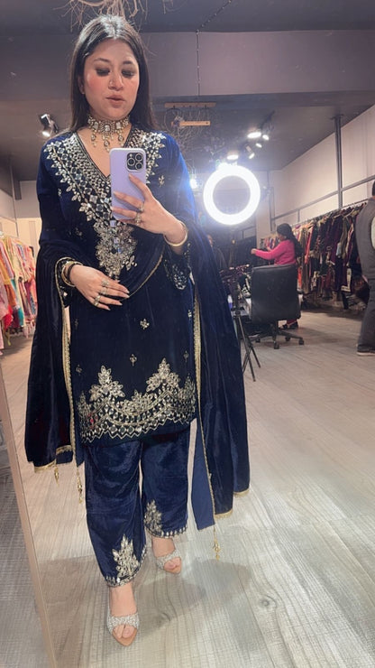 Lohri Special Navy Blue Mirror Designer velvet suit