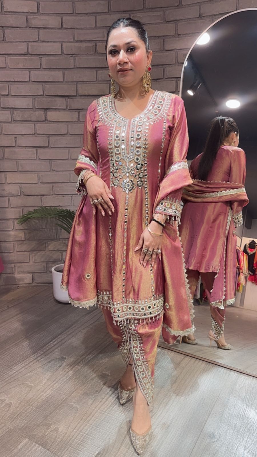 Farzi Onion pink mirror work Dhoti Style Suit