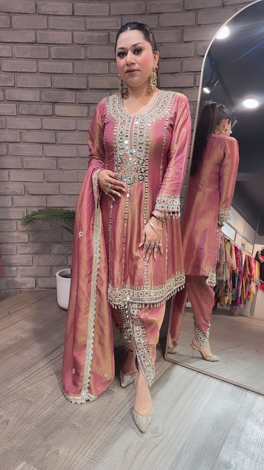 Farzi Onion pink mirror work Dhoti Style Suit