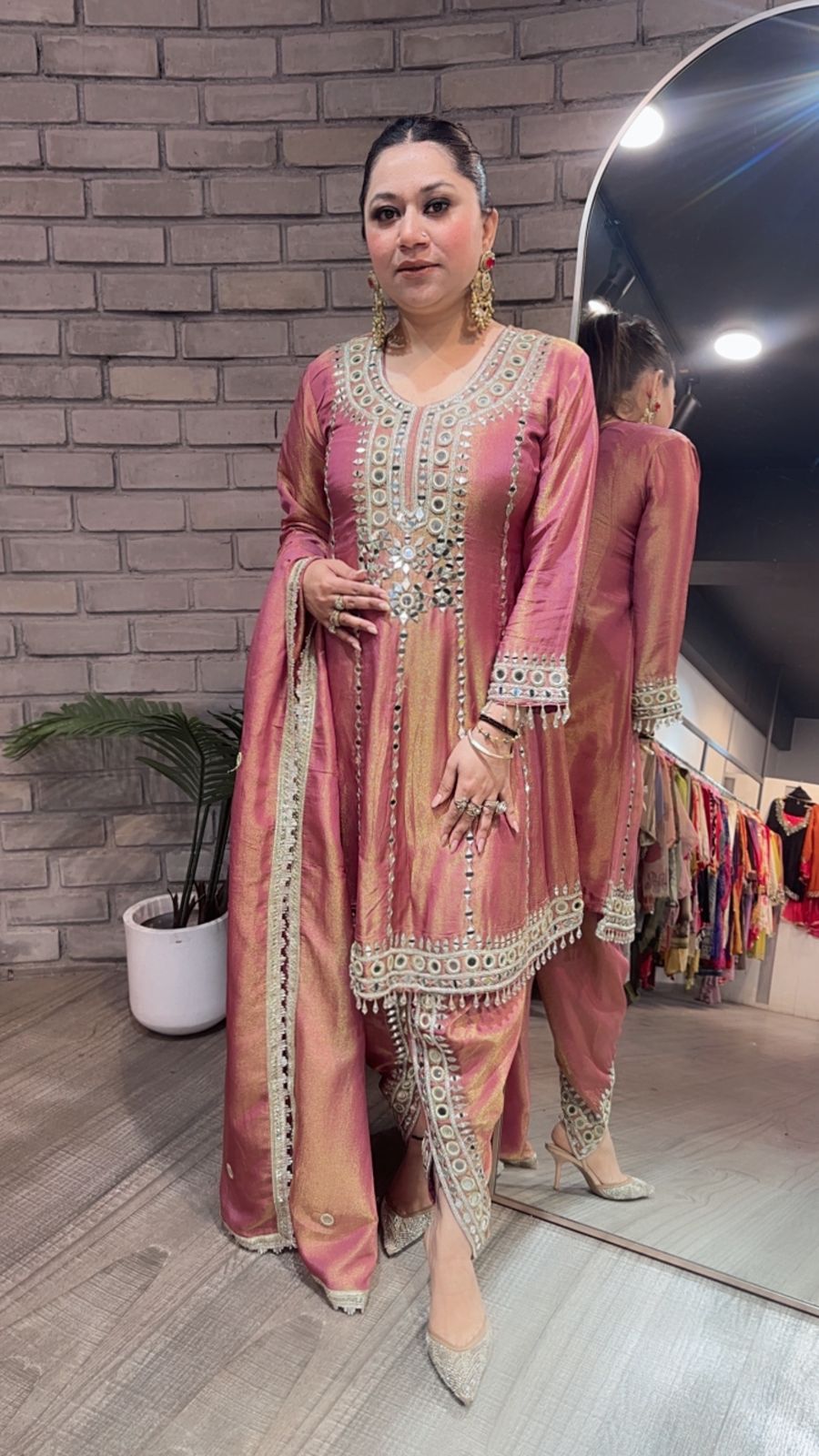 Farzi Onion pink mirror work Dhoti Style Suit
