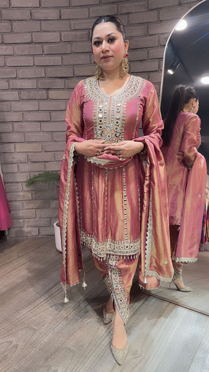 Farzi Onion pink mirror work Dhoti Style Suit