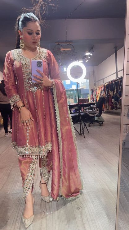 Farzi Onion pink mirror work Dhoti Style Suit