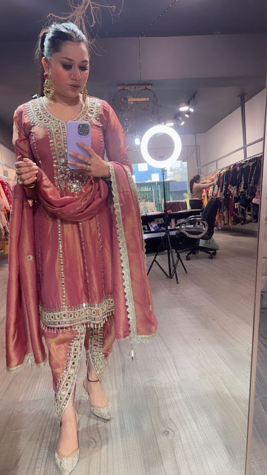 Farzi Onion pink mirror work Dhoti Style Suit