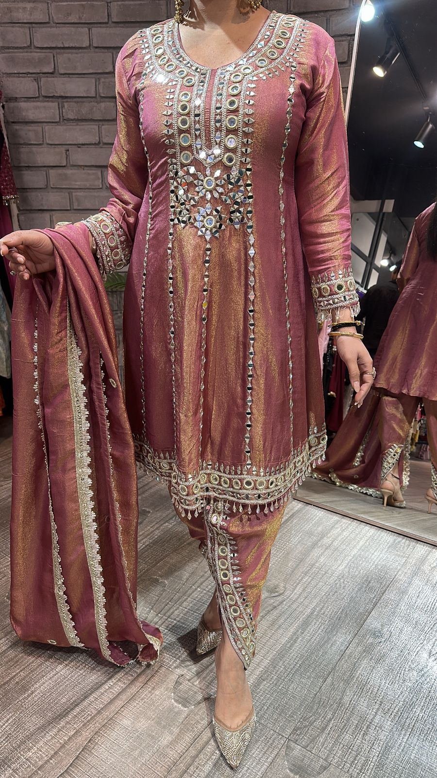 Farzi Onion pink mirror work Dhoti Style Suit