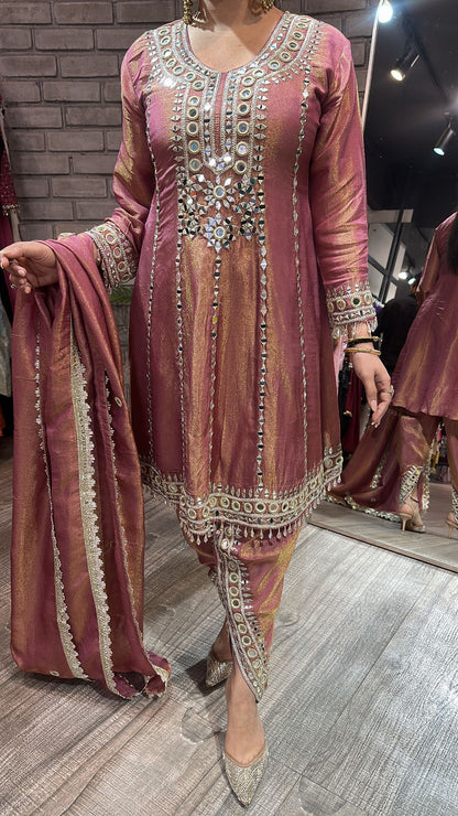 Farzi Onion pink mirror work Dhoti Style Suit