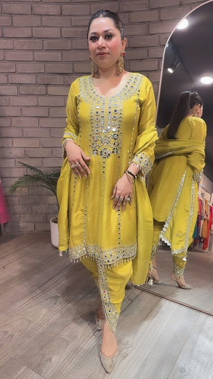 Farzi Yellow mirror work Dhoti Style Suit