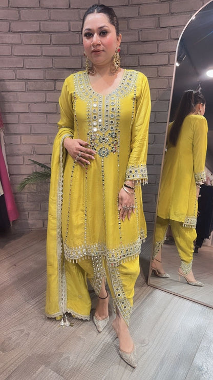 Farzi Yellow mirror work Dhoti Style Suit