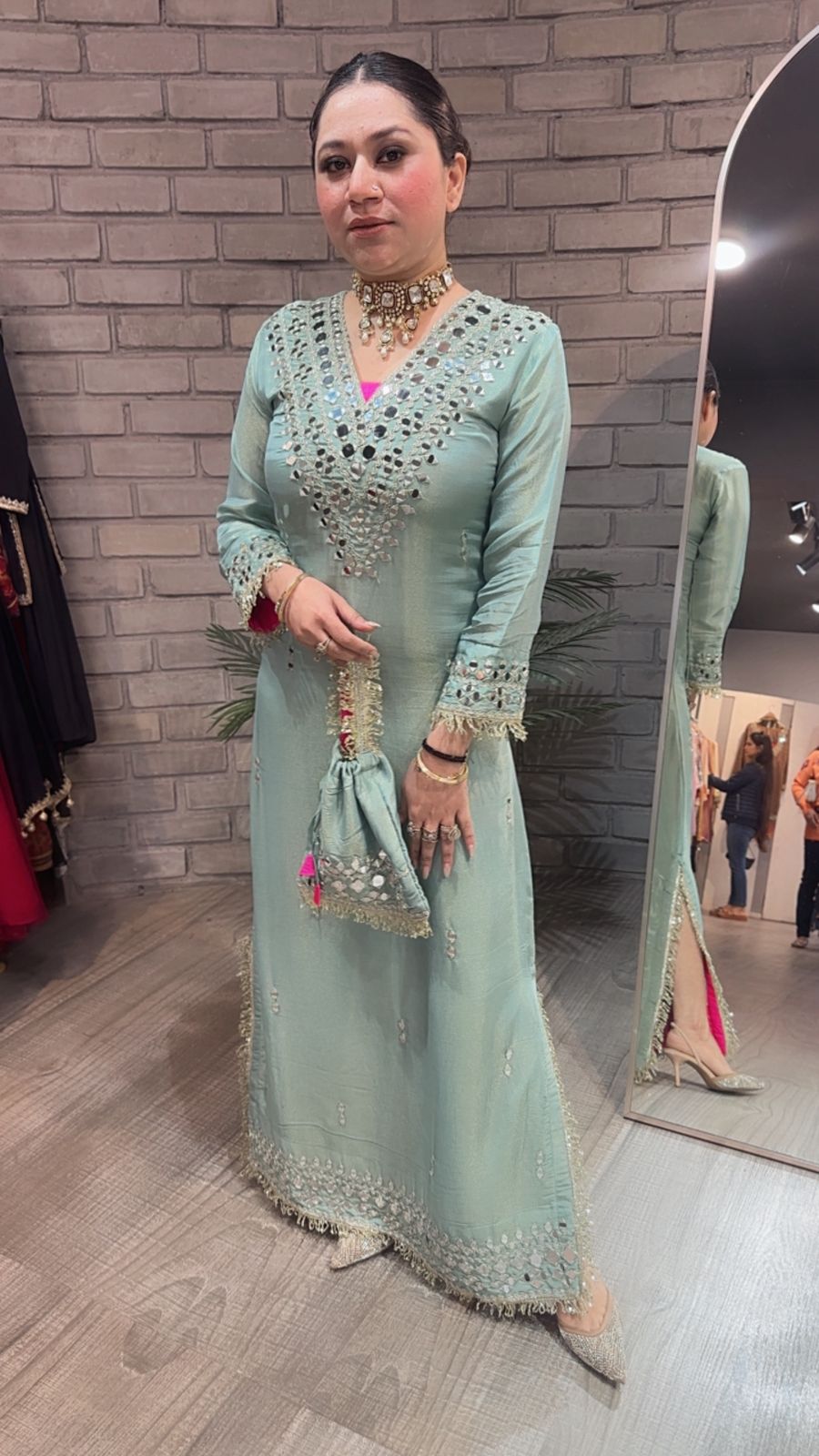 Kareena kapoor Aqua Mirror Dress with Potli