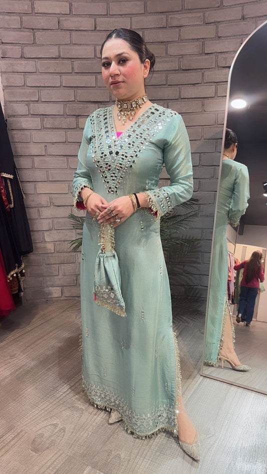 Kareena kapoor Aqua Mirror Dress with Potli