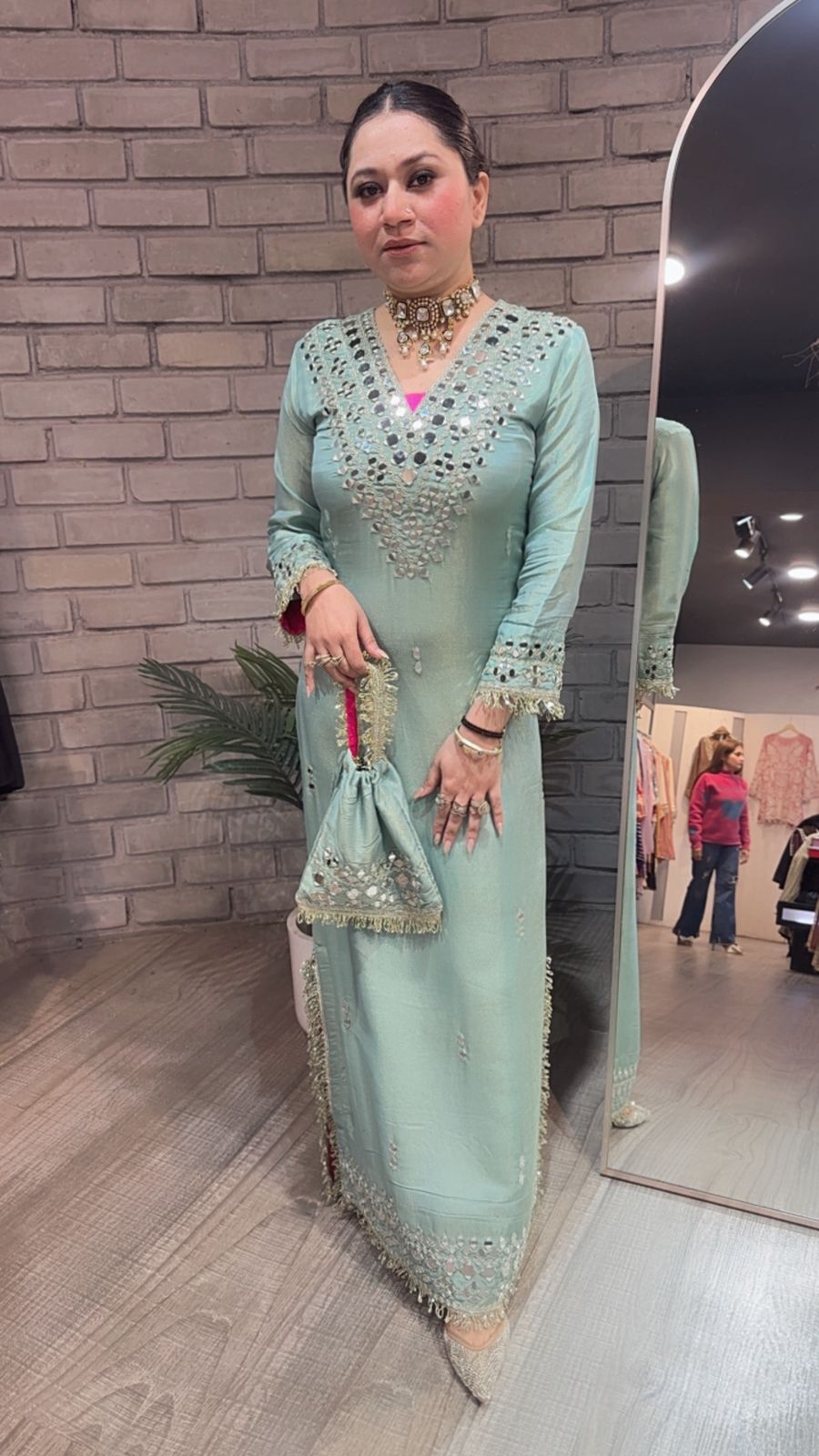 Kareena kapoor Aqua Mirror Dress with Potli
