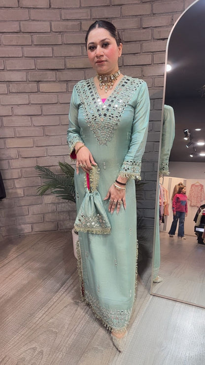 Kareena kapoor Aqua Mirror Dress with Potli