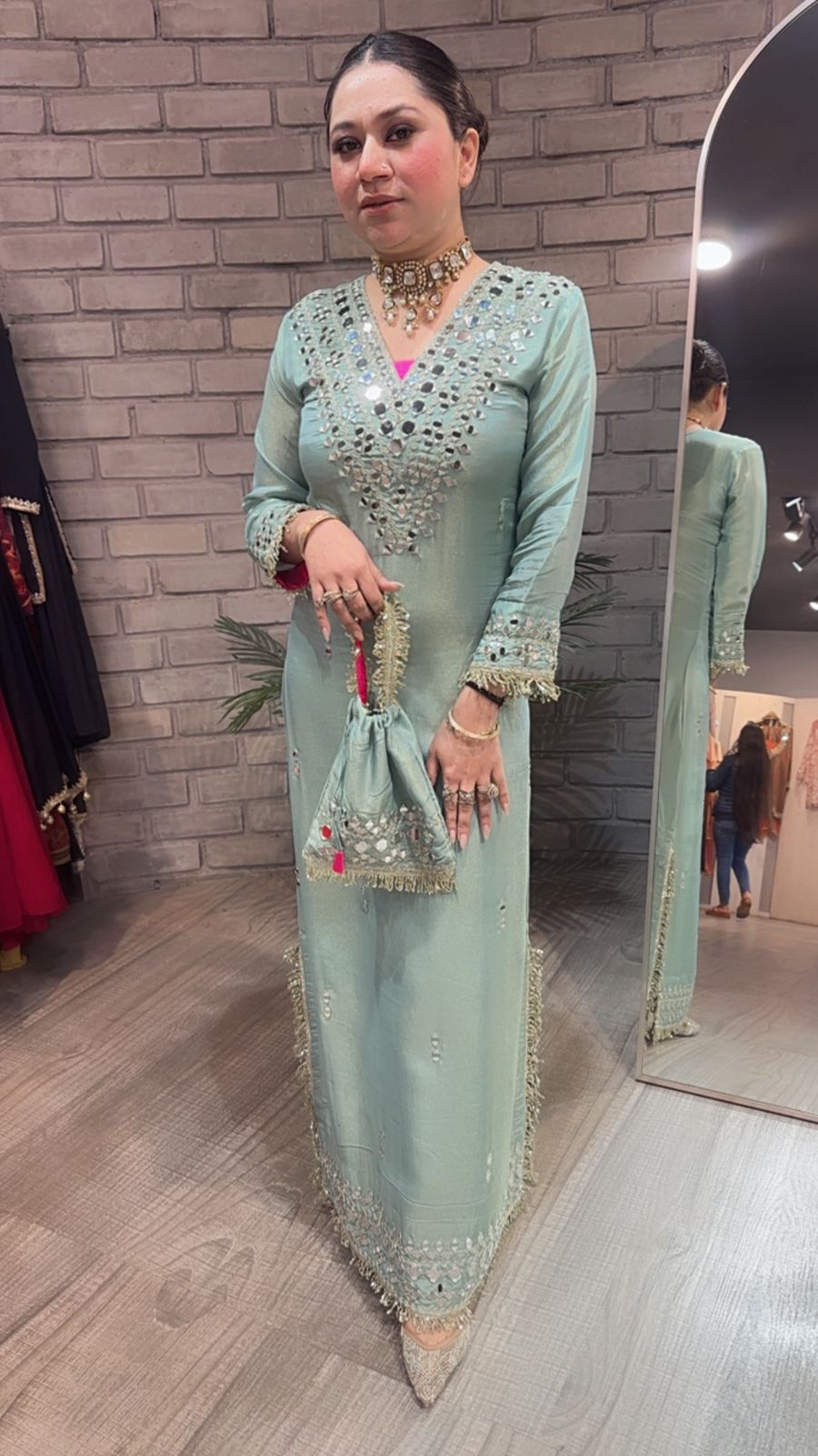 Kareena kapoor Aqua Mirror Dress with Potli