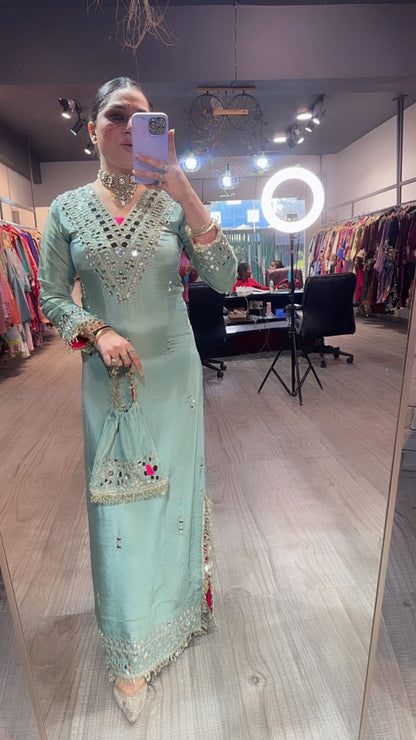 Kareena kapoor Aqua Mirror Dress with Potli