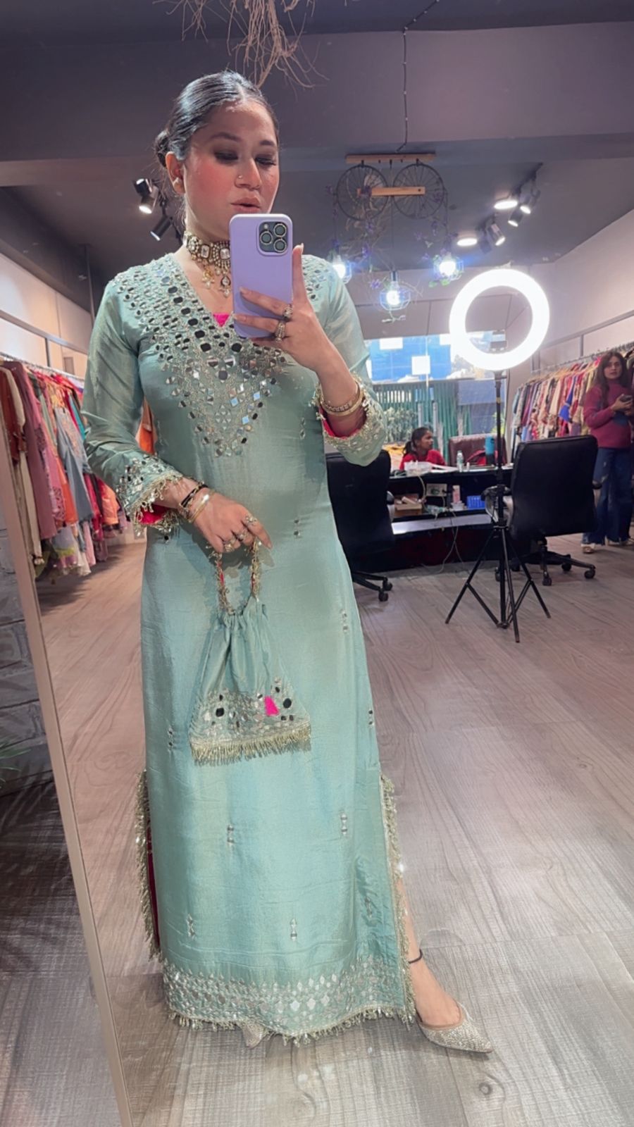 Kareena kapoor Aqua Mirror Dress with Potli