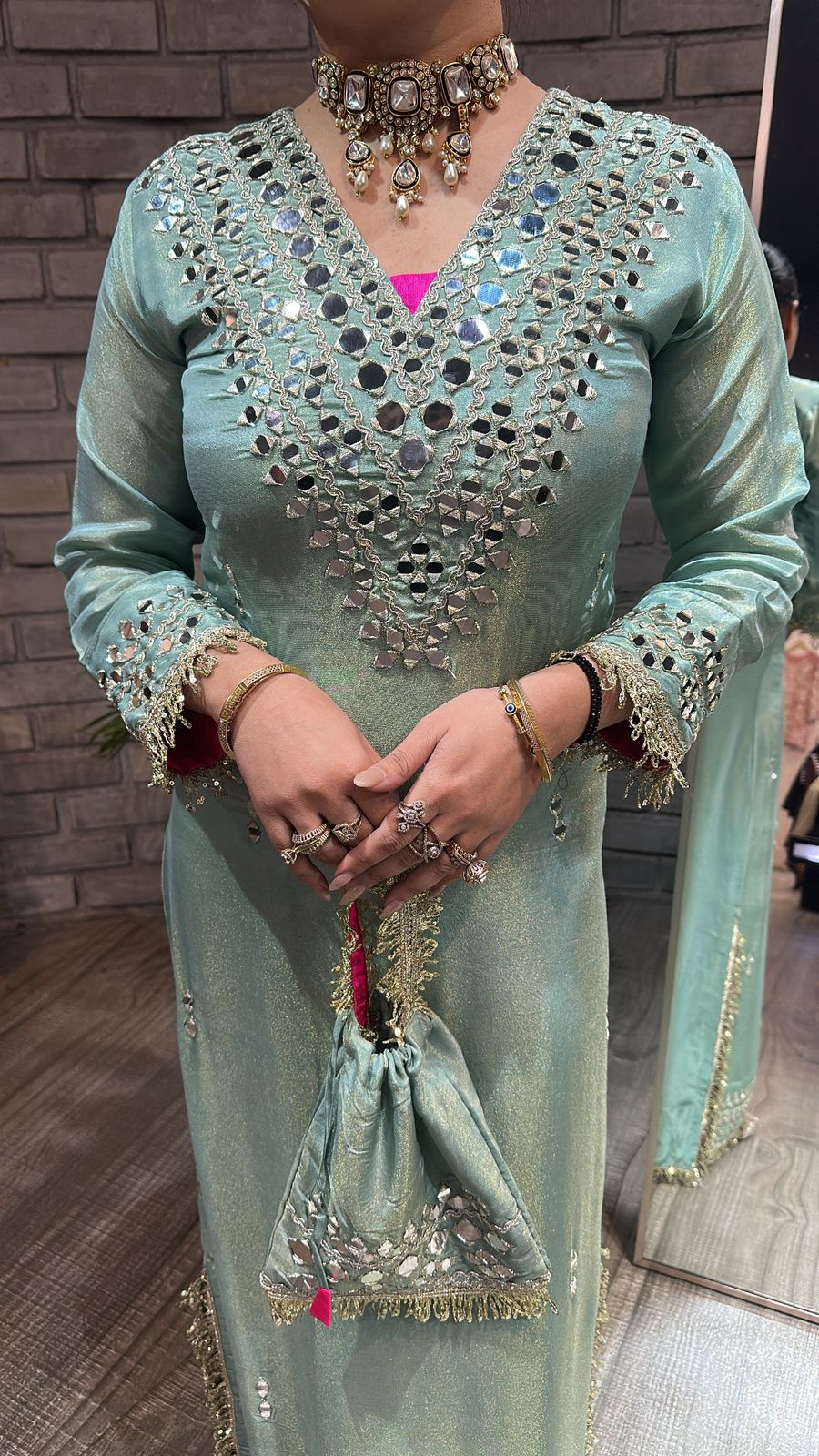Kareena kapoor Aqua Mirror Dress with Potli
