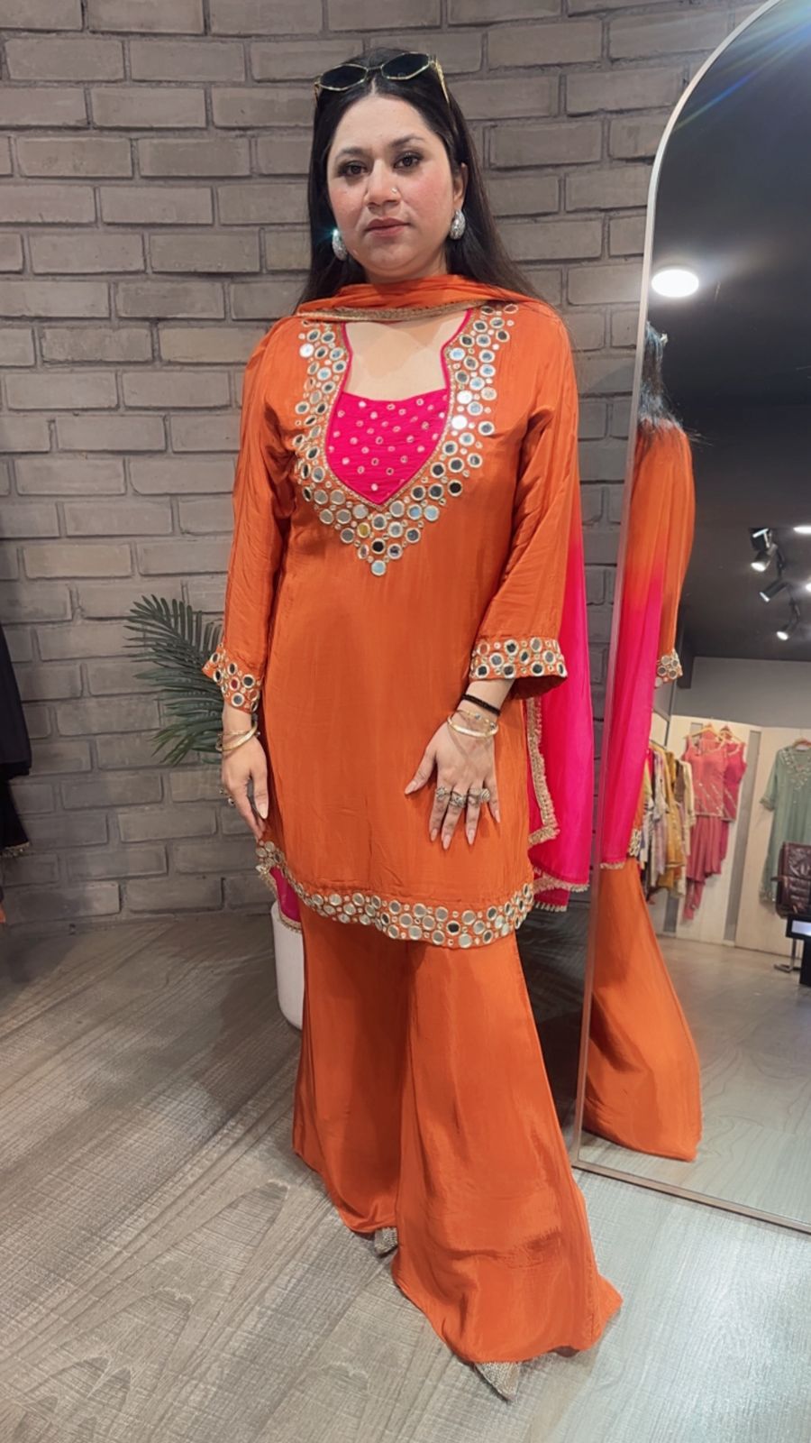 Ceskaz Orange mirror work Designer Suit